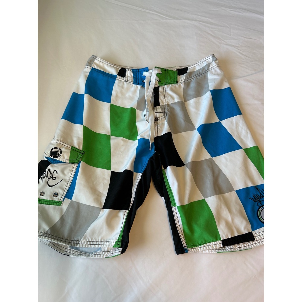 Liquid Force Board Shorts Men's 34 Blue Green Geometric